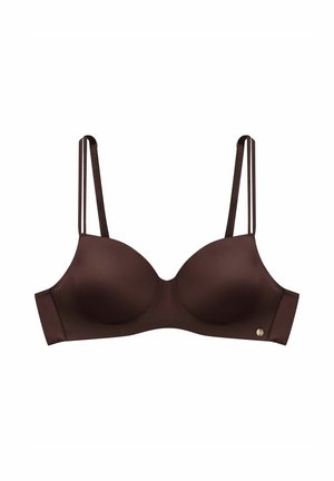 Brown padded bra with smooth fabric, underwire support, and thin adjustable straps; features a small logo accent near the band.