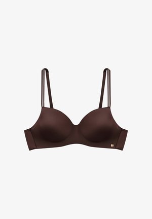 Braun gepolsterter BH mit glattem Stoff, Unterdrahtunterstützung und dünnen verstellbaren Trägern; verfügt über ein kleines Logo-Detail in der Nähe des Unterbands.