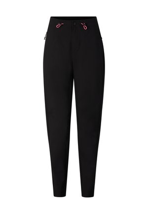 Black tapered pants with button closure and pink drawstring accents at the waist, displayed on a plain white background.