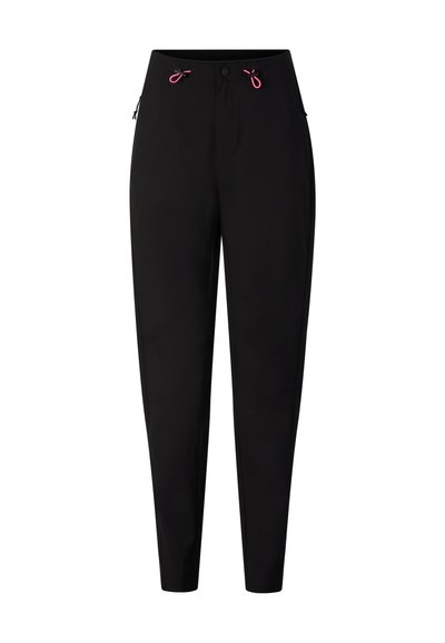 Schwarze, schmal zulaufende Hose mit Knopfverschluss und rosa Kordelzugakzenten an der Taille, dargestellt vor einem schlichten weißen Hintergrund.