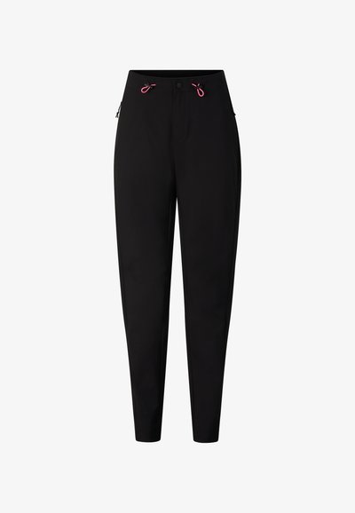 Schwarze, schmal zulaufende Hose mit Knopfverschluss und rosa Kordelzugakzenten an der Taille, dargestellt vor einem schlichten weißen Hintergrund.