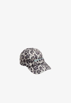Cappellino da baseball con stampa leopardata in tonalità grigie, con un logo ricamato in blu. Materiale tessile morbido con visiera curvata e cinturino regolabile.