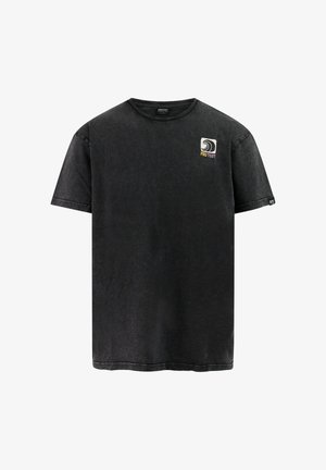Black short-sleeve T-shirt with small white and yellow wave logo on upper left chest and a label on the left sleeve.