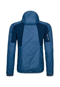 Blue insulated jacket with a hood, featuring a mix of solid and quilted patterns, smooth texture, and contrasting navy accents.
