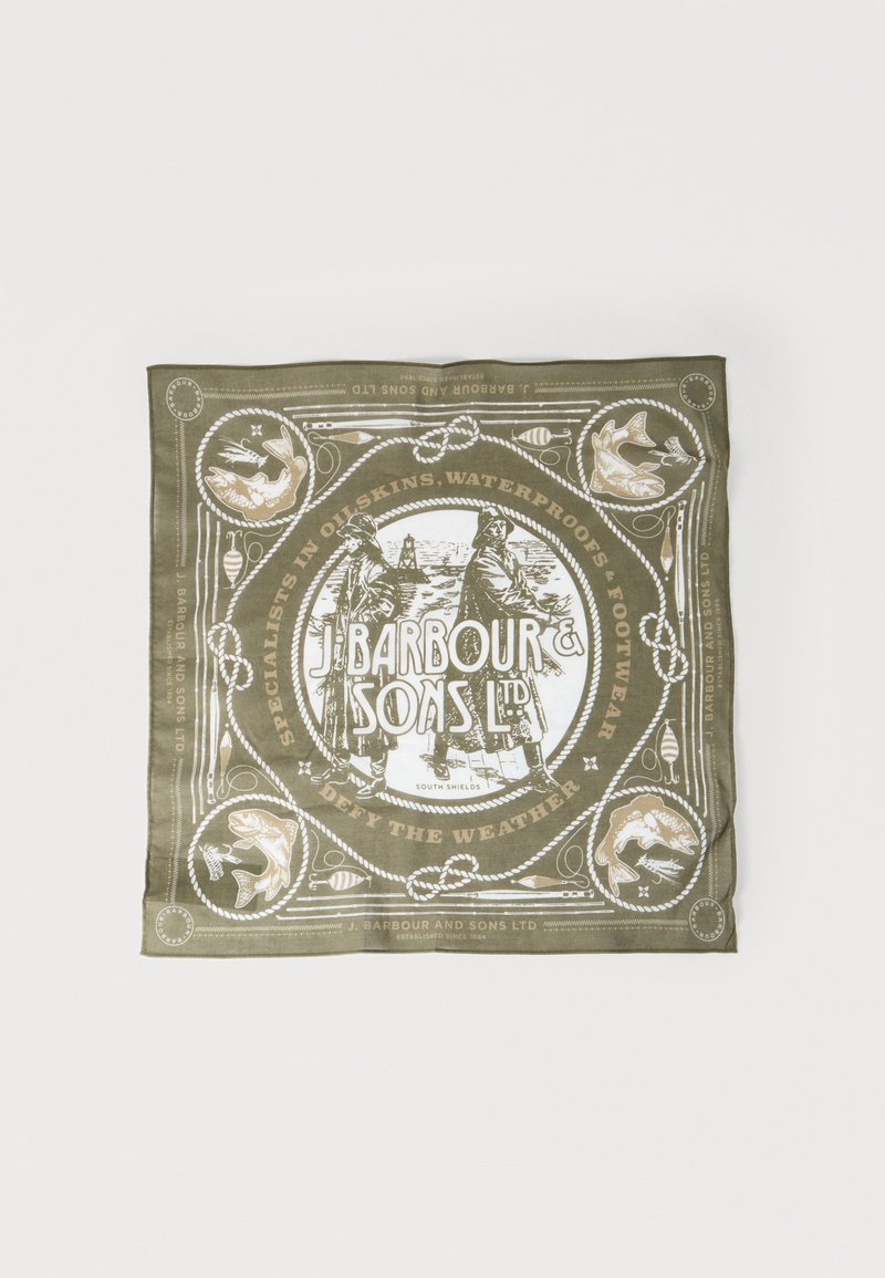 Υφασμα ελιάς με ρετρό σχεδιασμό ψαρέματος, δύο ψαράδες, ψάρια, σχοινιά και κείμενο που γράφει "J. Barbour & Sons Ltd" και "Αψηφίστε τον καιρό."
