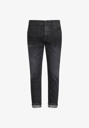 Black denim jeans with a straight cut, featuring a light wash effect, rolled cuffs, and classic five-pocket design.