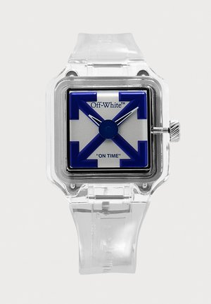 Montre-bracelet à bracelet transparent avec cadran carré, design géométrique bleu, marque Off-White et texte "ON TIME" sur cadran argenté.