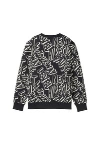 Zwarte sweatshirt met witte tekst in verschillende lettertypen, met zinnen zoals "NEXT LEVEL" en "YOUR WAY." Geribde manchetten en tailleband. Zacht stof.