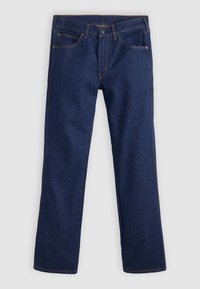 Jeans de mezclilla azul oscuro con un diseño de pierna recta, que cuentan con costuras naranjas, bolsillos frontales, cierre de botón y pasadores para cinturón.
