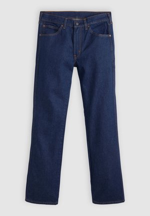 Dark blue denim jeans with a straight leg design, featuring orange stitching, front pockets, a button closure, and belt loops.
