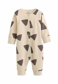 Beige Baby-Strampler mit dunklen dreieckigen Mustern, gerippter Textur, langen Ärmeln und Druckknöpfen auf der Vorderseite sowie an den Knöcheln.