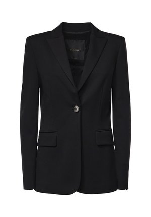 Blazer nero su misura da donna con chiusura a un bottone, rever a lancia e due tasche frontali con patta.