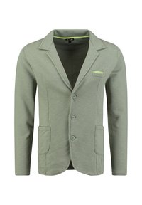 Blazer casual de hombre en verde claro con tres botones, dos bolsillos de parche inferiores y un bolsillo superior en el pecho con un toque de forro de lima.