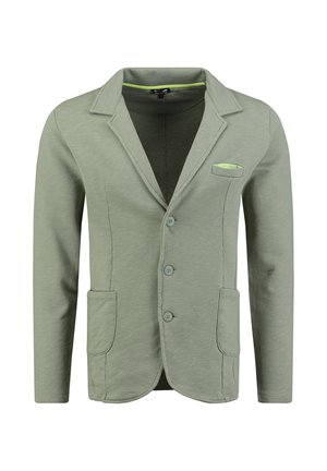 Helltürkiser Herren Freizeit-Blazer mit drei Knöpfen, zwei unteren aufgesetzten Taschen und einer oberen Brusttasche mit einem Hauch von Limettengrün im Futter.