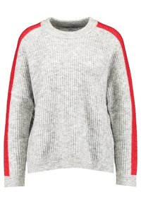 Maglione grigio a coste con vestibilità rilassata, caratterizzato da audaci strisce rosse sulle spalle e un colletto rotondo. Texture morbida e design casual.