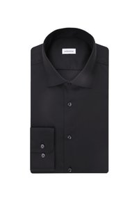 Chemise noire en tissu lisse, dotée d'un col classique, de manches longues et de poignets boutonnés avec des boutons assortis.