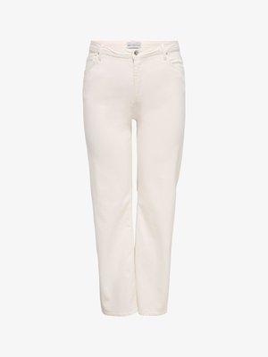 Pantaloni crem pentru femei cu croială dreaptă, cu închidere frontală cu nasturi și fermoar, bucle pentru curea și design cu cinci buzunare.