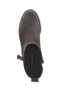 Bottine grise avec une tige en cuir lisse, fermeture éclair latérale et semelle plate. L'intérieur est doté d'une semelle rembourrée pour le confort.