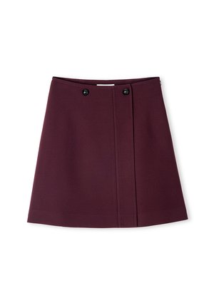 Burgunderfarbene Rock aus glattem Stoff, mit geradem Schnitt, vorderer Naht und zwei schwarzen Knöpfen am Bund.