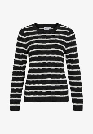 Black and white striped sweater, knitted texture, round neckline, long sleeves, ribbed cuffs and hem, featuring alternating wide and narrow stripes.
