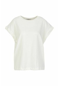 Witte, korte mouwen T-shirt van zacht katoen. Heeft een ronde halslijn en een losse pasvorm met opgerolde manchetten. Geen patronen of accenten.