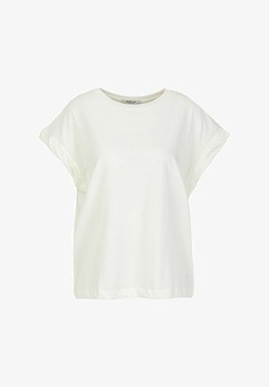 Weißes, kurzärmliges T-Shirt aus weicher Baumwolle. Hat einen runden Halsausschnitt und eine lockere Passform mit umgeschlagenen Ärmeldetails. Keine Muster oder Akzente.