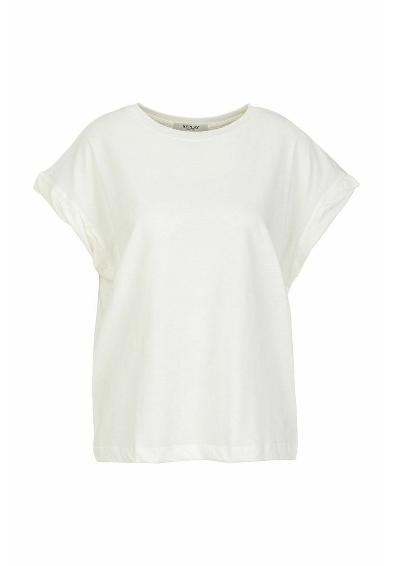 Witte, korte mouwen T-shirt van zacht katoen. Heeft een ronde halslijn en een losse pasvorm met opgerolde manchetten. Geen patronen of accenten.