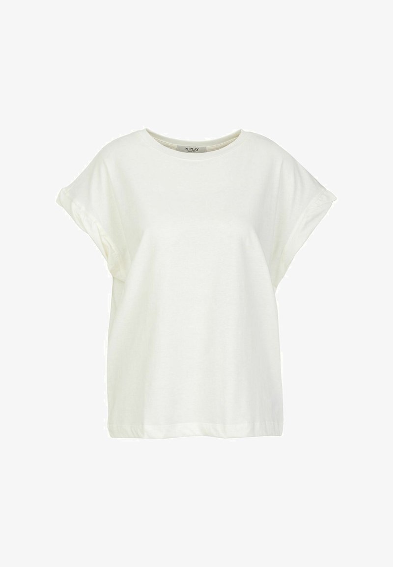 White, short-sleeved t-shirt made of soft cotton. Features a round neckline and loose fit with rolled cuff details. No patterns or accents.