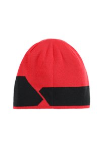 Beanie rosso lavorato a maglia con un motivo geometrico nero nella parte inferiore. Texture morbida, forma aderente e costruzione senza cuciture.
