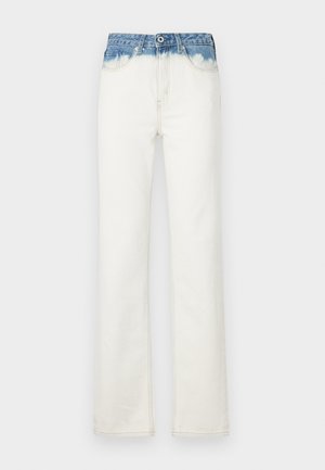 Džínové kalhoty s širokými nohavicemi, bílým tělem a modrým gradientním denimovým pasem, s zipovým zapínáním, pěti kapsami a jemnými švy.