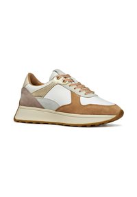 Chaussure en cuir blanc avec des accents en daim tan. Présente un bout arrondi, un laçage à l'avant et une semelle rembourrée avec des grips texturés.