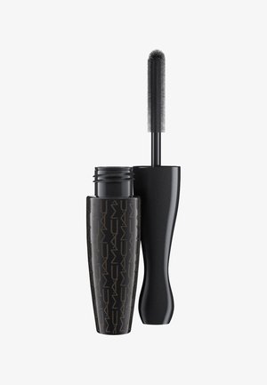 Zwarte mascara tube met een textuur van een geometrisch patroon en een slank ontwerp. Inclusief een lange, dunne borstel met korte haartjes voor de applicatie.