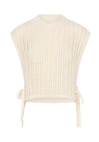 Top de punto color crema con un diseño holgado sin mangas, que presenta un cuello acanalado y lazos ajustables a los lados.