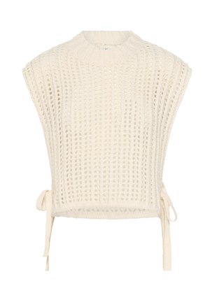 Krém színű, kötött felső, laza, ujjatlan kialakítással, bordázott nyakkal és állítható megkötőkkel az oldalán.