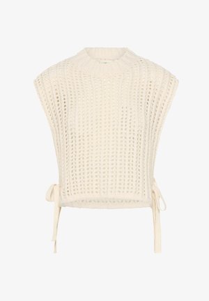 Krém színű, kötött felső, laza, ujjatlan kialakítással, bordázott nyakkal és állítható megkötőkkel az oldalán.