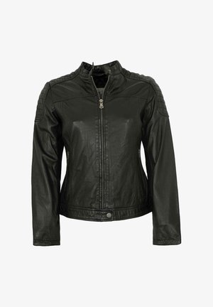 Schwarze Lederjacke mit durchgehendem Reißverschluss, Stehkragen, gerippten Schulterakzenten und seitlichen Reißverschlusstaschen. Glatte Textur mit taillierter Passform.