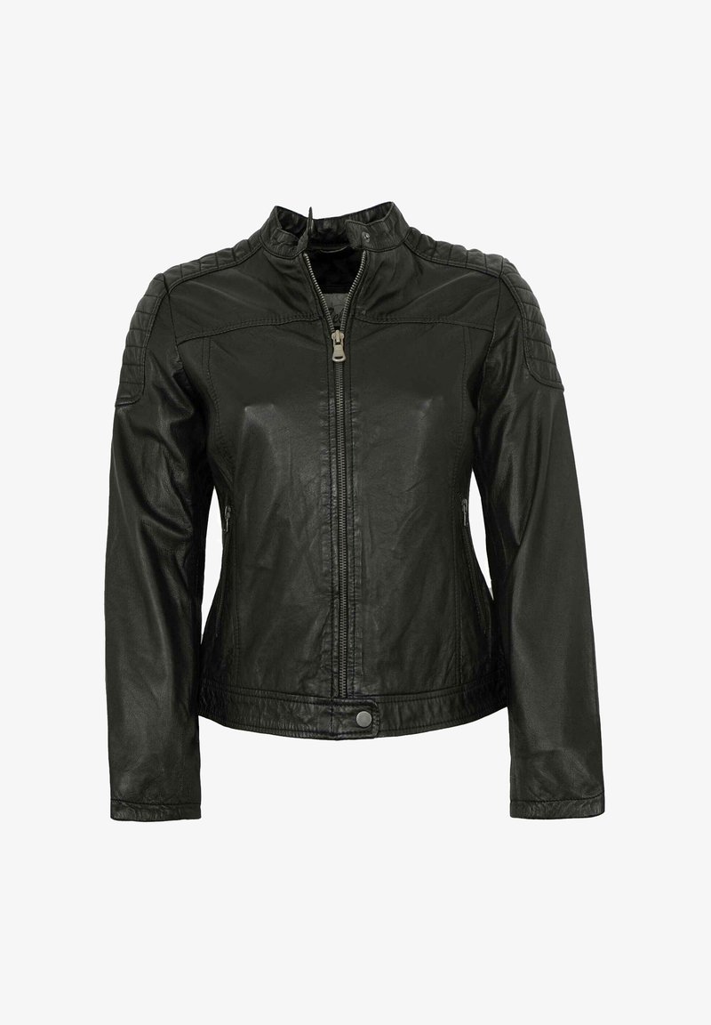 Schwarze Lederjacke mit durchgehendem Reißverschluss, Stehkragen, gerippten Schulterakzenten und seitlichen Reißverschlusstaschen. Glatte Textur mit taillierter Passform.