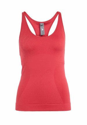 Débardeur sportif rouge avec dos nageur et étiquette de marque visible à l'intérieur de l'encolure, taille petite.