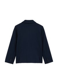 Mörkblå blazer med en strukturerad krage, långa ärmar och knäppta manschetter. Enkelt mönster med en jämn textur och inga synliga mönster.