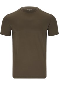 Oliven grøn t-shirt med korte ærmer lavet af glat stof. Har rund halsudskæring og minimal syning på skuldrene.