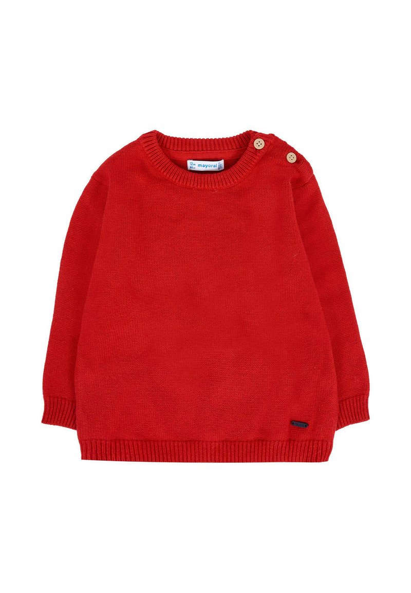 Maglione per neonato rosso, lavorato a maglia, con maniche lunghe, bordi a costine e due bottoni di legno sulla spalla sinistra.