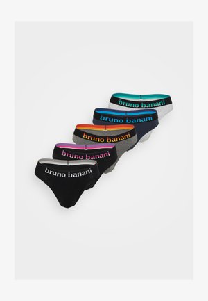 Set of five men's briefs in black, gray, navy, and teal with contrasting branded waistbands. Soft fabric and low-rise fit.