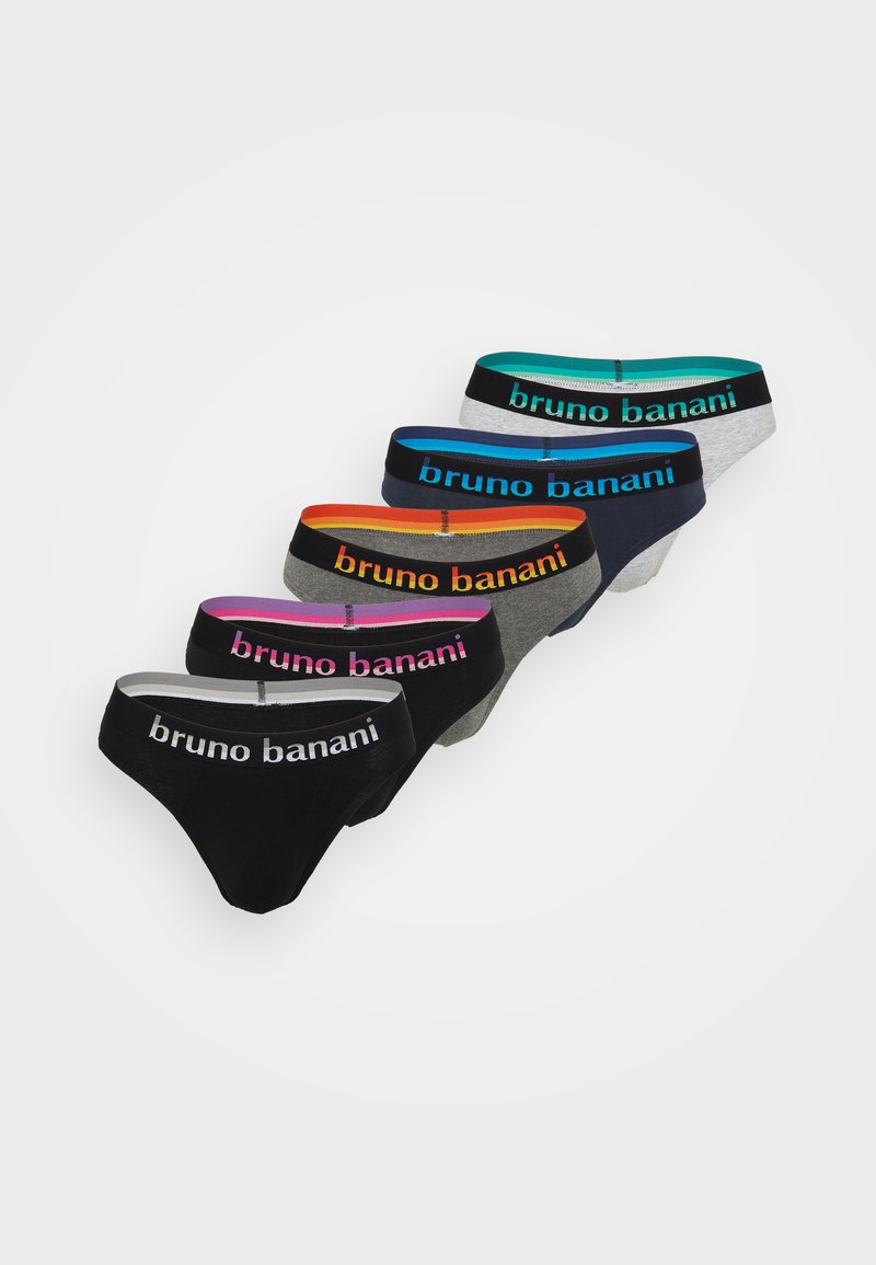 Set van vijf mannenboxers in zwart, grijs, marineblauw en teal met contrasterende, gebrandmerkte taillebanden. Zachte stof en lage pasvorm.