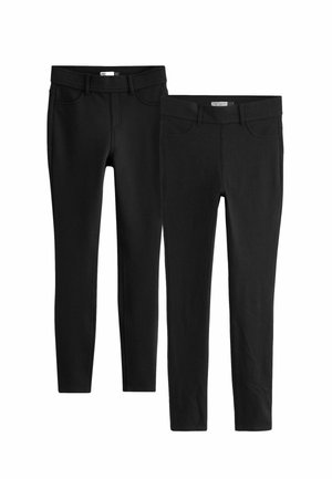 Leggings negros con un diseño ajustado, que presentan una textura suave y un detalle de bolsillo estándar. Dos pares exhibidos uno al lado del otro.