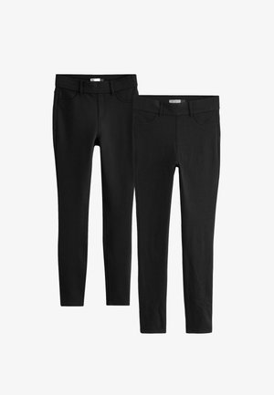 Melnas leginses ar pieguļošu dizainu, ar gludu tekstūru un standarta kabatas detaļu. divi pāri attēloti blakus viens otram.