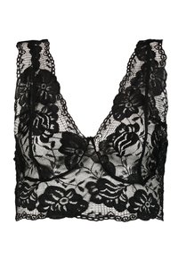 Bralette in pizzo nero con scollatura a V profonda, motivo floreale, spalline larghe e orlo in pizzo ondulato.