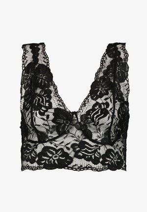 Čierny čipkovaný bralet s hlbokým výstrihom do V, kvetinovým vzorom, širokými ramienkami a zúbkovaným okrajom z čipky pozdĺž lemu.