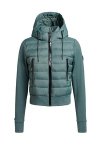 Jachetă căptușită cu glugă, de culoare verde, având fermoar frontal, două buzunare laterale cu fermoar și manșete ribbate pentru un plus de confort. Textură netedă.