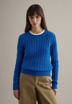 Junge Frau mit langen braunen Haaren, die einen blauen, kabelgestrickten Pullover über einem weißen Hemd und beige Hosen trägt, steht vor einem neutralen Hintergrund.