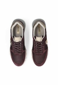 Baskets bordeaux foncé avec tige en mesh et daim, fermeture à lacets, intérieur beige et semelle texturée ; avec un détail de logo sur le côté.